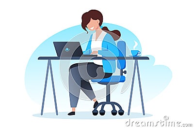 A woman works at a laptop and drinks coffee. Home office, freelance and online training, education Vector Illustration